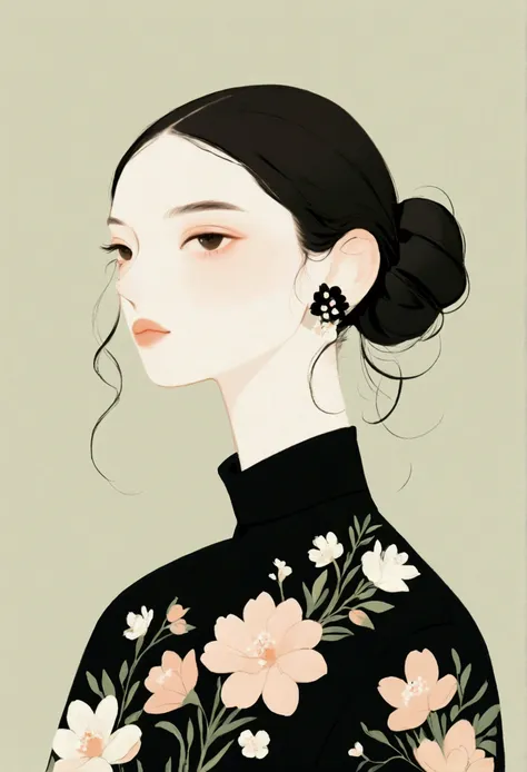 dark hair styled in a low bun, black high-collar dress, floral patterns with white and peach flowers, delicate flower hair acces...