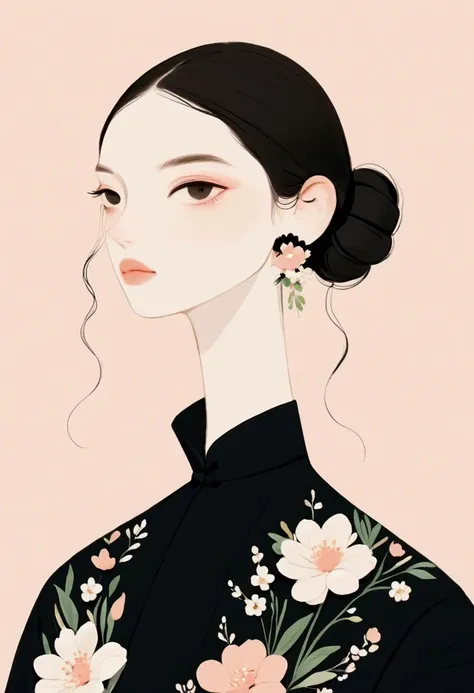 dark hair styled in a low bun, black high-collar dress, floral patterns with white and peach flowers, delicate flower hair acces...