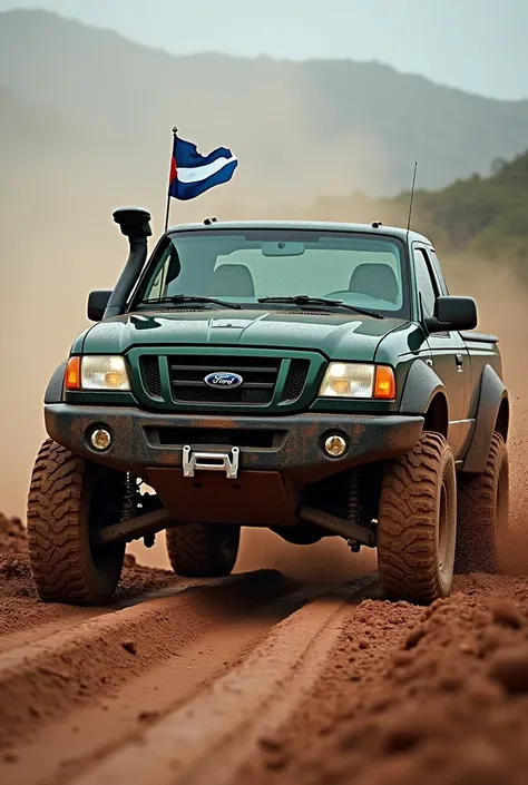 Ford ranger 2002 version argentina 4 puertas motor power stroke 2.8 tdi, mt tires, dark green vehicle, 4x4 on difficult terrain, with Costa Rican flag, rollbar of iron and lots of mud