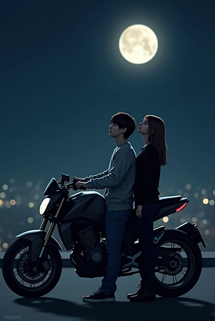 Create two people, A female and a male leaning on a motorcycle, backwards, watching the moon on the outskirts of a city, The male character is wearing a grey sweater and jeans., the female character with a black sweater and straight pants 