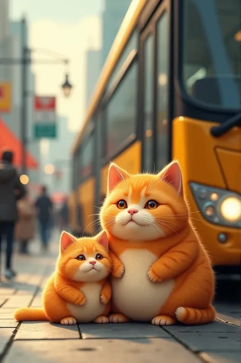 : The Bus Station At the bustling station, a chubby orange cat with soft, round eyes waited with his equally chubby kitten, both staring curiously at the large bus in front of them, ready for their trip.