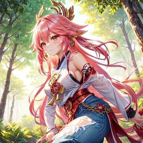 anime girl with pink hair Image Description:

The photo features Yae Miko, the popular Genshin Impact character. Shes standing in a lush, vibrant forest, surrounded by towering trees with glowing, ethereal mushrooms growing around their bases. The atmosphe...