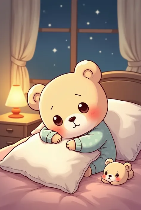 Line stamp specifications、anime、A small bear character with cute eyes is wearing pajamas and hugging a pillow tightly on a bed in a child&#39;s room.、A cute girl with a blush on her cheeks、Background is a bedroom at night