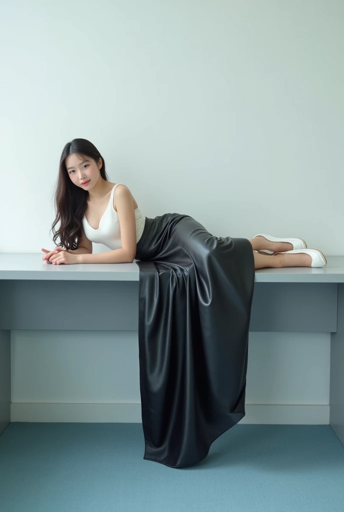 A beautiful lady, asian, Japanese,
Long hair, 
Medium height,
Lying flat on a light grey desk in front of white wall in a new office with light blue carpet,
Wearing a white camisole,
Wearing a shiny black leather big a-line full circle long skirt knee leng...