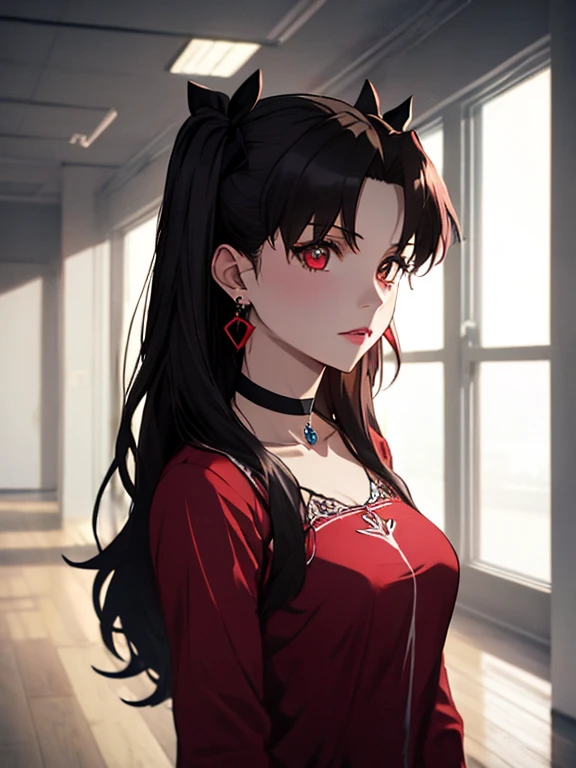 Empty Room:1.5, Unfurnished room, Tohsaka Rin, One girl, jewelry, Earrings, Earrings, Black choker, UHD, retina, masterpiece, ccurate, anatomically correct, textured skin, super detail, high details, high quality, best quality, highres, 4K