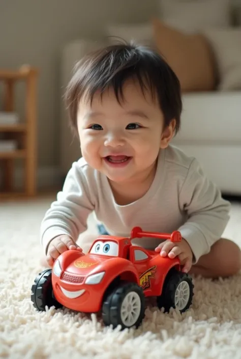 Fotos a child from Asia aged 3 years. short thin hair. is sitting on the carpeted floor holding a large toy car. smiling