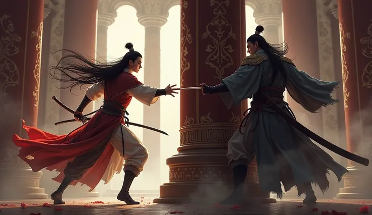 Long-haired Jing Ke holding a dagger in front of him，Hunting the Male Qin King，The male Qin King hid behind a pillar with a big sword on his back