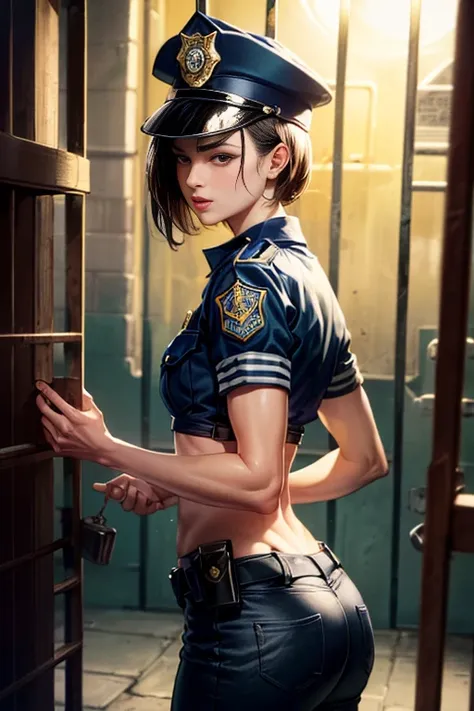 (best quality,highres),(realistic:1.37),(portrait),(studio lighting), ((police officer uniform:1.3)) ,solo mature woman, small breasts, skinny ass,  dark short hair, full lips, seductive, (in a prison cage:1.5), ((skinny:1.4)), ((slim:1.3)), ((small ass)),...