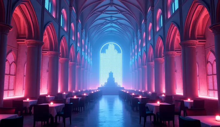 The design of the impressive, wide, high-class EDM Dance Hall is designed in a gothic style, bright and impressive style, like a large cathedral corridor, with two walls of tall gothic pillars arranged with extremely cool LED lights and extremely many ligh...