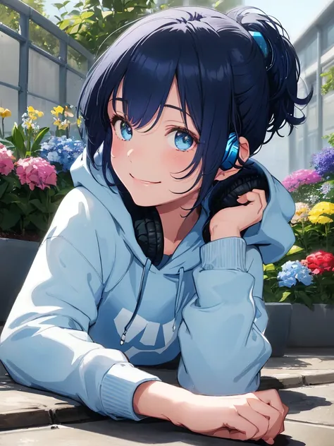 1girl, High Resolution, Short Hair, Smile, Dark blue Hair, Sparkle, Headphones, white hooded sweatshirt, black pants, [Profile], lying down, From Side, Closed Mouth, Light Smile, Wide Shot, Sideways, Anime Style, sunlight, flower garden