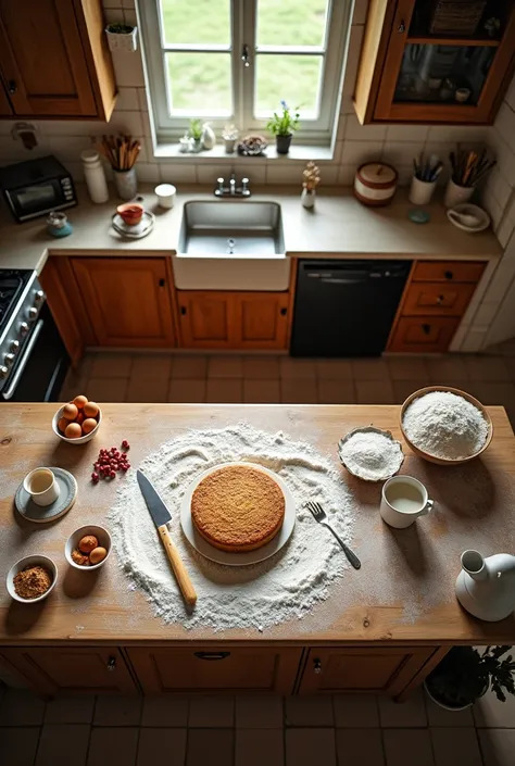 A clouds up view of a old home kitchen where somebody is preparing for making a baking cake so not seeing any human or anything just baking things a just the preparation for cake baking