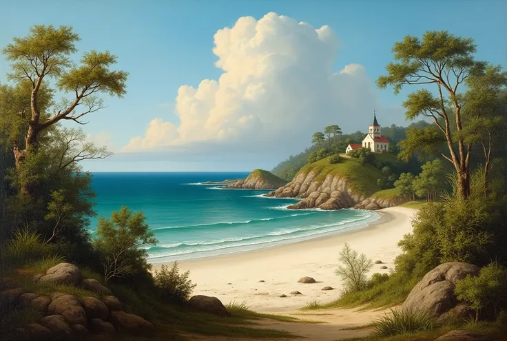 Oil painting with the traditional colors and technique of Salomon van Ruysdael (sixteenth century Dutch landscape painter) < landscape of a small bay of white sand, with native low vegetation, trees from the Brazilian Atlantic forest, hill with a small chu...