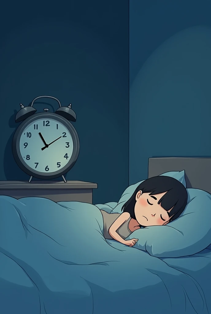 Draw a stick girl sleeping soundly on the bed and a clock at 10 o&#39;clock at night