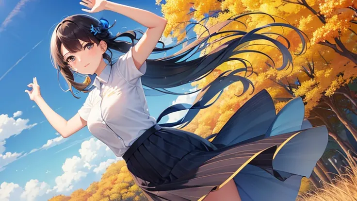 Under the clear blue autumn sky、A scene of a woman wearing a pleated skirt striking a confident pose。A skirt fluttering in the wind and the sky spreading out in the background、Creates a refreshing atmosphere。