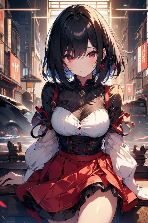 (masterpiece, highest quality, highest quality, (No text), Beautiful and aesthetic:1.2),No text,anime、break,One Girl，Black Hair Girl　 adult　Short Hair　Older sister　Beautiful eyes　Red eyes　cool　smile　Black and Red　skirt　Full Body Outdoors