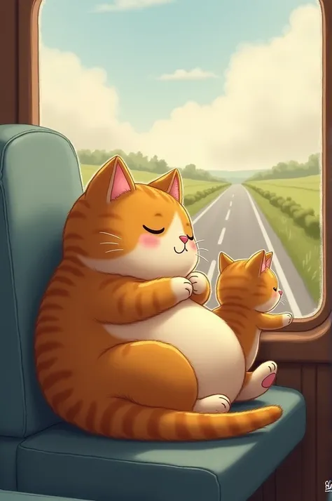 The chubby cat and his kitten are cozily settled on a seat near the window, the kitten pressing its nose against the glass as they roll down a long road, the world whizzing by.