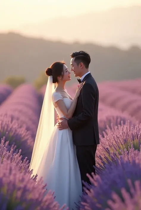 a beautiful happy middle-aged chinese couple in a lavender field, bride wearing a long white wedding dress with a trailing veil, groom wearing a black tuxedo, romantic, warm, cinematic, glowing natural lighting, highly detailed, 4k, ultra-realistic, master...