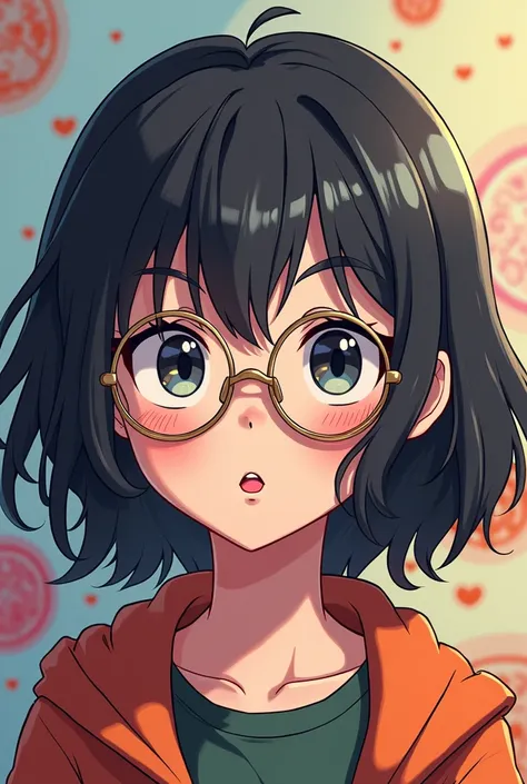 Anime, medium black hair, a little tee face, glasses