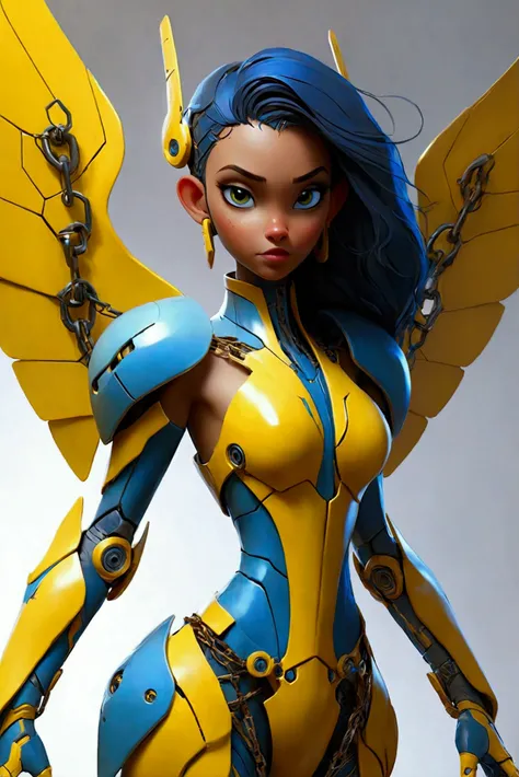 Woman in blue and yellow futuristic cybernetic armor, with glider wings, discs with chains, wheels on legs. 