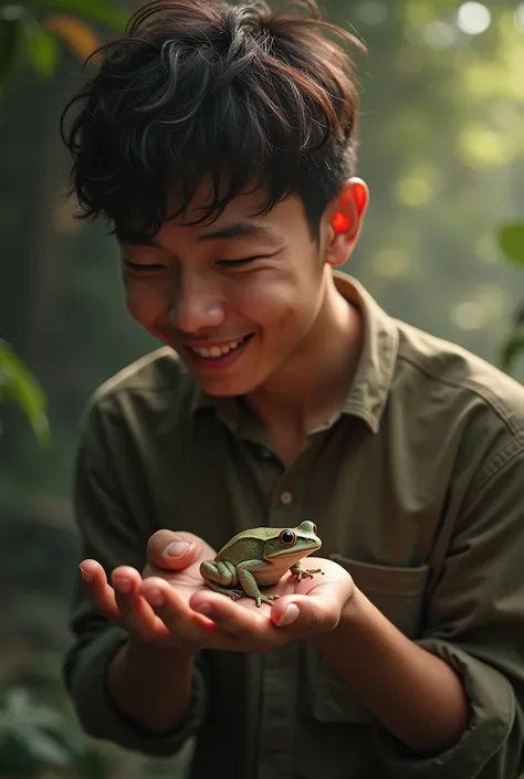 A man holds a frog in the palm of his hand, watching intently and smiling