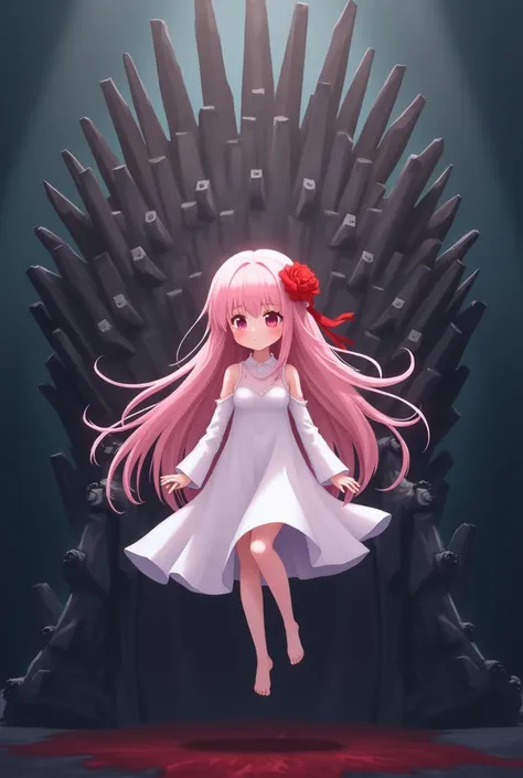 "A whitey dress cute, anime character inspired by Minecraft, designed to resemble a white Angle-like figure with glowing pink colour, pink colour long hair and a red flower in hair. The character is mid-air, with a dark, misty background. Behind the charac...