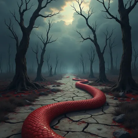 road to hell,dead trees,bloody red snake,heavy clouds,sinister,detailed matte painting,hyperdetailed charcoal drawing,oil painting by James Gurney,(best quality,4k,8k,highres,masterpiece:1.2),ultra-detailed,(realistic,photorealistic,photo-realistic:1.37),H...