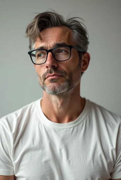 A man with a middle-parted face, slightly teased, wearing square glasses and a white T-shirt.