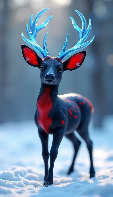 A extremely masterpiece 8k 3d animation image of a very beautiful black and red baby dear made by gray wood and her horn is made by the blue transparent glass ,fully rendered, full shining colour, 8k , with very beautiful winter background 