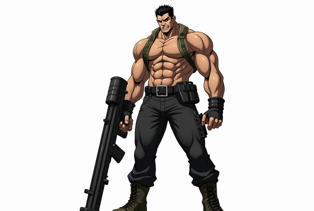 Make it in anime style and with a white background, a tall man with short black hair, an angry face, and with a defined physique, he wears black pants, a pair of black boots, and a khakisette, he uses a minigun as a weapon