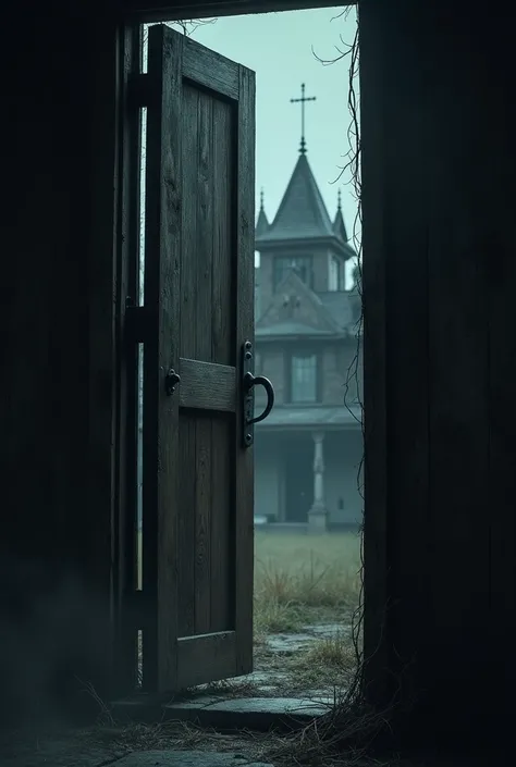 Mansion’s Dark Entrance: A close-up of the mansion’s front entrance, with an old wooden door partially open, creaking in the wind.