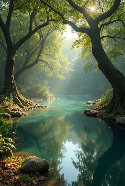 A realistic pond with nine iron wood trees around it