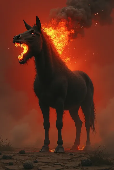 Headless mule with fire coming out of its neck 