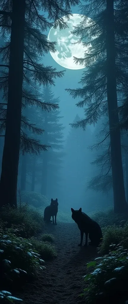  moonligh, black forest, wolves in the background almost imperceptible, camouflaged. high quality, neve, wallpaper
