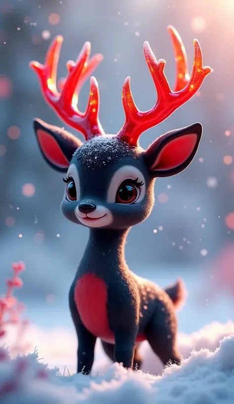 A extremely masterpiece 8k 3d animation image of a very beautiful black and red baby dear made by gray wood and her horn is made by the red transparent glass ,fully rendered, full shining colour, 8k , with very beautiful winter background 