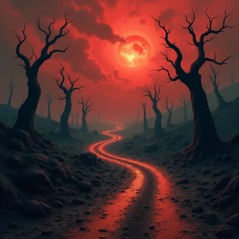 road to hell,dead trees,bloody red,heavy clouds,sinister,detailed matte painting,hyperdetailed charcoal drawing,oil painting by James Gurney,(best quality,4k,8k,highres,masterpiece:1.2),ultra-detailed,(realistic,photorealistic,photo-realistic:1.37),HDR,UHD...