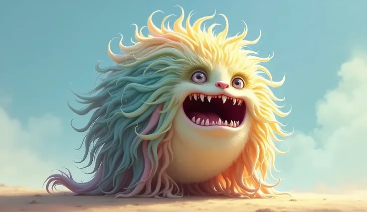 hairy living ball, long hair, big eyes, fangs in the mouth, long colorful hair on blue and white gradient colors