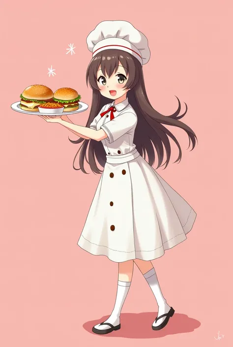 Beautiful cute anime girl with long straight hair in chef uniform holding a tray with fast food in one hand, pink background