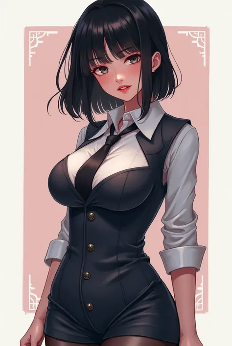 Black Bob,Bangs,Busty,uniform,Beautiful girl anime style,Alluring expression,Plump,