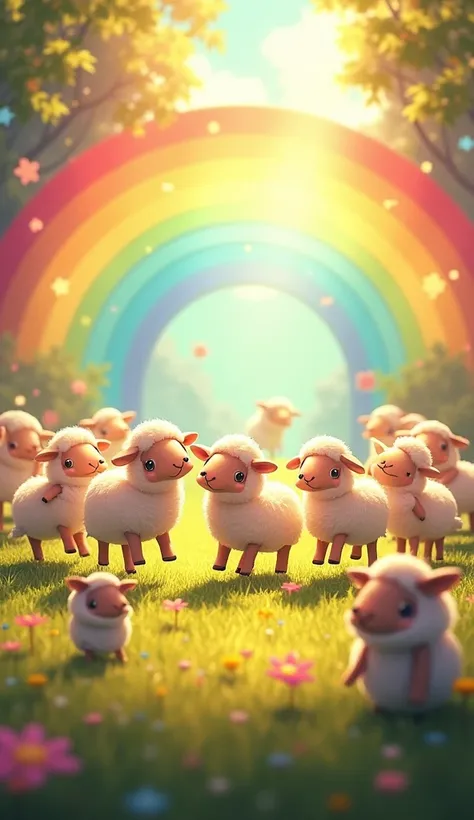 Image 6: Celebration**
   - The baby sheep and friends celebrate by dancing in a circle under a rainbow. The background is filled with vibrant colors, symbolizing joy and friendship.