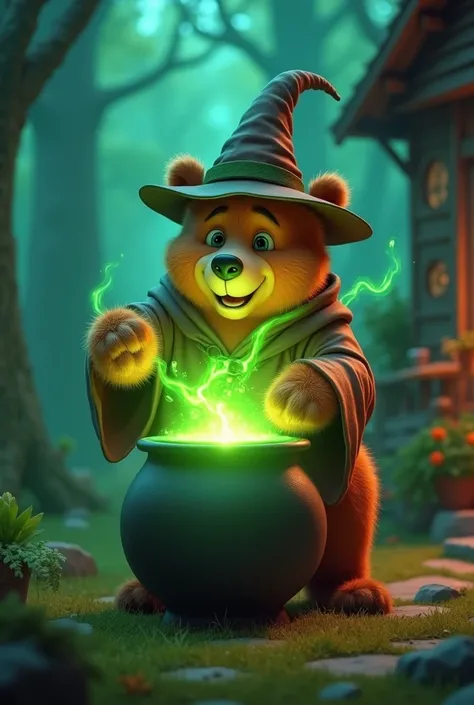 pixar style bear wizard, doing spells with a cauldron, green light coming out, smiling