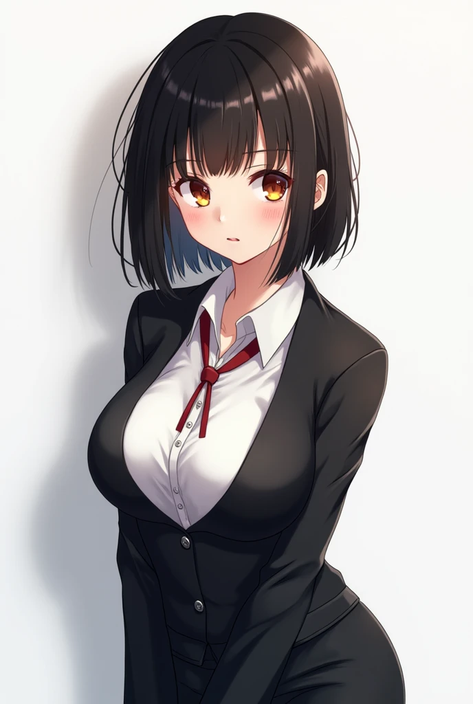 Black Bob,Bangs,Busty,uniform,Beautiful girl anime style,Alluring expression,Plump,Japanese