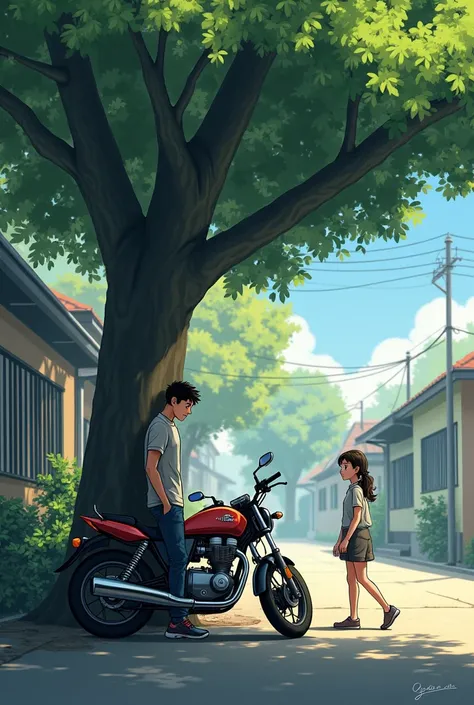 Boy waiting standing beside his motorbike under the tree girl coming from a building 