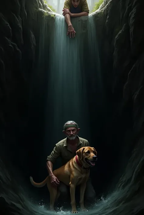 A man stuck in dark hole with his dog and friend