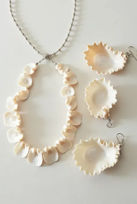 Necklace,earrings and bracelet made of oyster shell without wearing by the human. Just jewelries alone