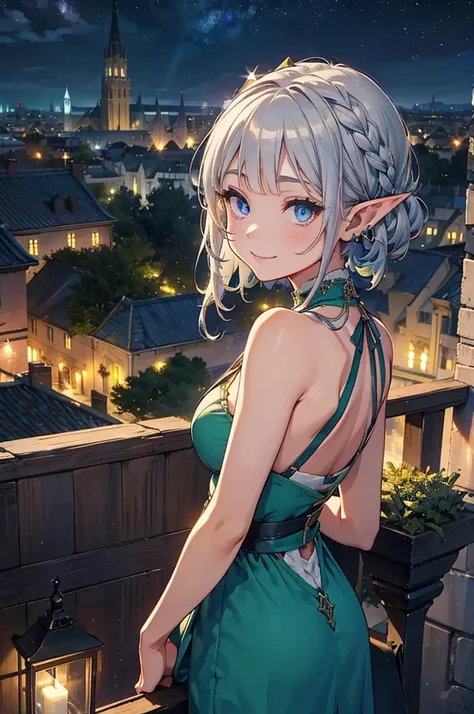 The cathedral is in the background、Medieval street at night,　Stars Shining、Wide Road、Pointed Ears、Elf、blue eyes、Green Dress、Long eyelashes、Silver braided short hair。Turn around with a smile、Overlooking the city from the terrace