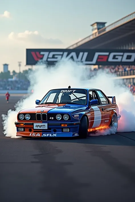 Bmw e30, 
Drift car, stripes design blue/orange,
Fumée, Étincelle,
Logo drYFt,
Circuit background