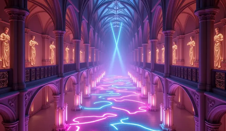 The design of the impressive, wide, high-class EDM Dance Hall is designed in a gothic style, bright and impressive style, like a large cathedral corridor, with two walls of tall gothic pillars arranged with extremely cool LED lights and extremely many ligh...