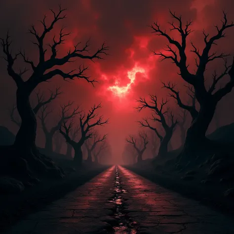 4k, road to hell,dead trees,bloody red,heavy clouds,sinister,detailed matte painting,hyperdetailed charcoal drawing,oil painting by James Gurney,(best quality,4k,8k,highres,masterpiece:1.2),ultra-detailed,(realistic,photorealistic,photo-realistic:1.37),HDR...