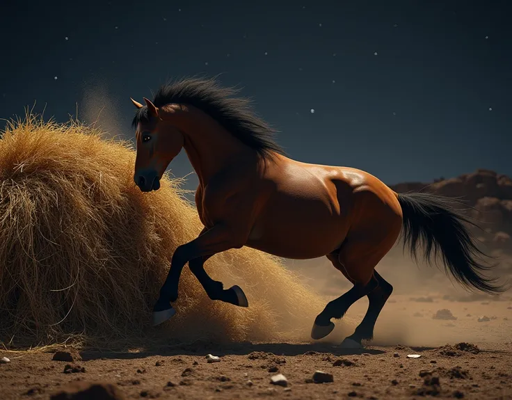 (photorealism:1.2), old west in the night, a horse crashing on a big pile of straw 