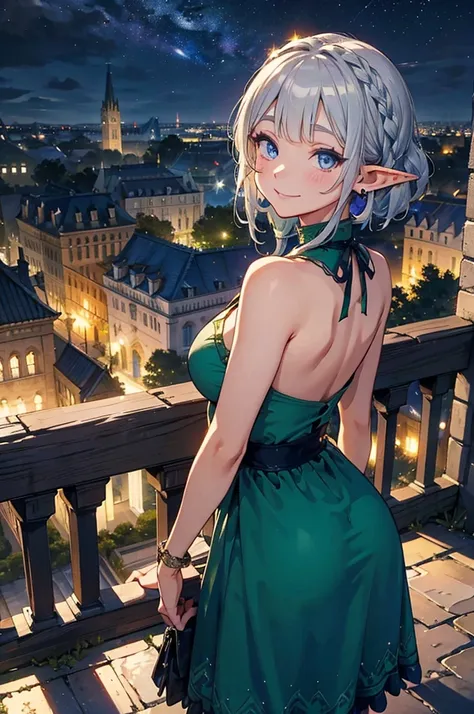 the cathedral is in the background、medieval street at night,　stars shining、wide road、pointed ears、elf、blue eyes、green dress、long...